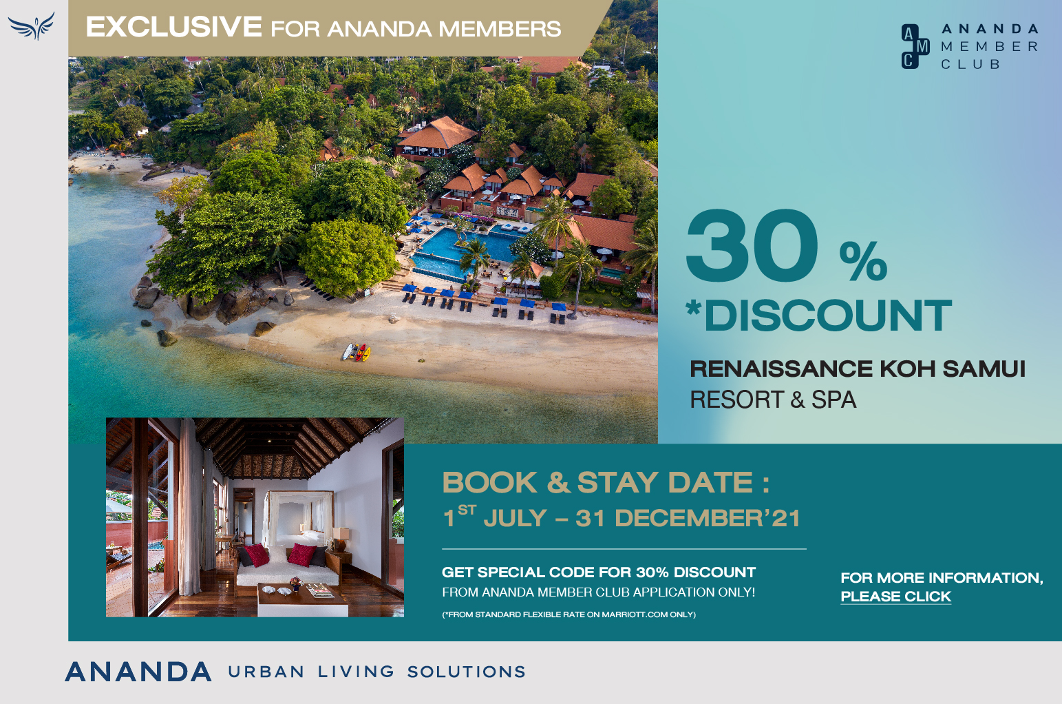 Ananda Member Club get 30% discount on standard flexible rate at Renaissance Koh Samui