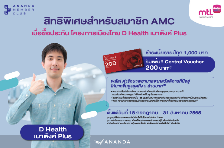 สิทธิพิเศษ! Ananda Member Club ชำระเบี้ยประกันภัยโครงการเมืองไทย D Health เบาตังค์ Plus รับบัตรของขวัญ Central Voucher สูงสุดไม่เกิน 5,000 บาท